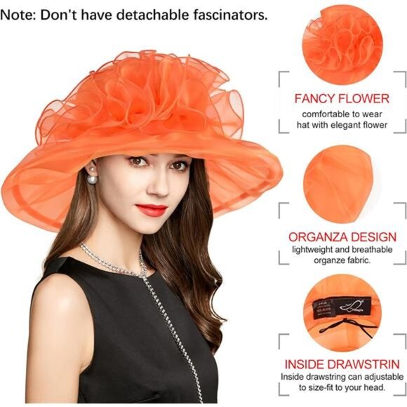 Derby Hats for Women, Classy Organza Sun Hat, Orange